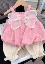 Pink Patchwork Cotton Baby Girls Two Pieces Set Bow Wrinkled Summer