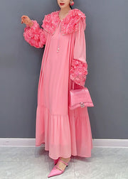 Pink Patchwork Cotton Dress Peter Pan Collar Floral Nail Bead Spring
