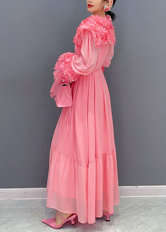 Pink Patchwork Cotton Dress Peter Pan Collar Floral Nail Bead Spring