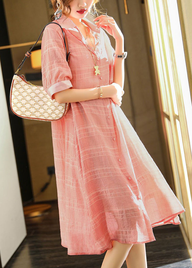 Pink Patchwork Cotton Shirt Dresses Two Piece Set Wrinkled Summer