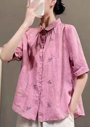 Pink Patchwork Cotton Tops Embroidered Button Peter Pan Collar Half Sleeve
