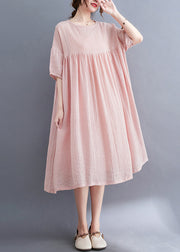 Pink Patchwork Cotton Vacation Dresses Oversized Wrinkled Summer