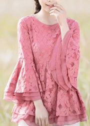 Pink Patchwork Embroidered Lace Shirts O Neck Spring