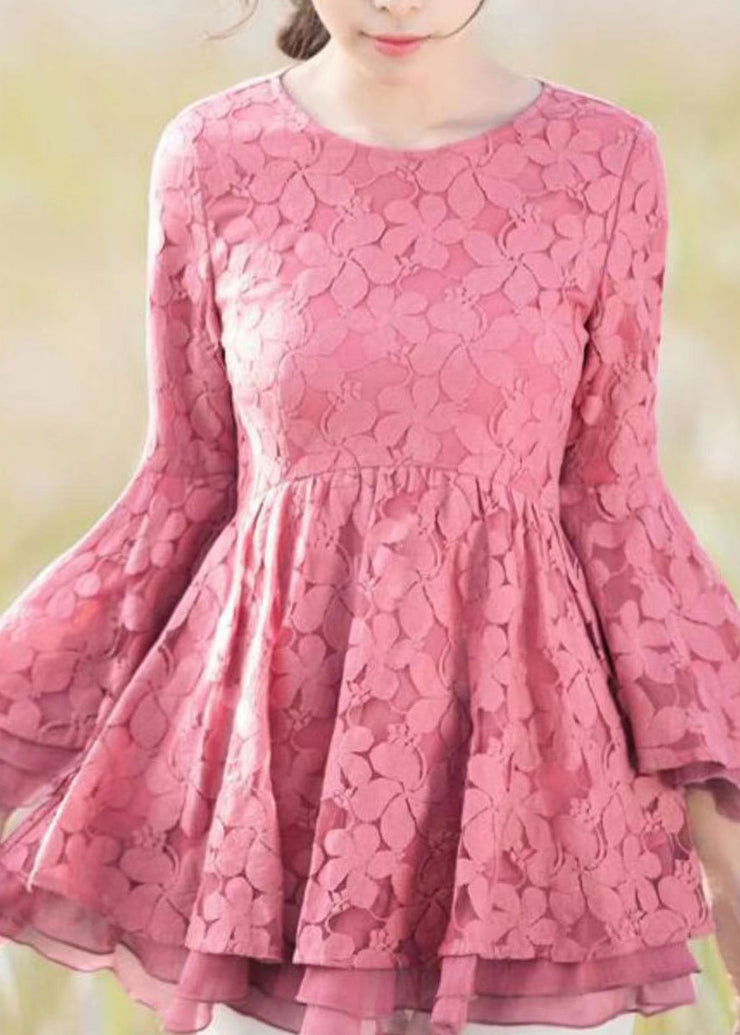 Pink Patchwork Embroidered Lace Shirts O Neck Spring
