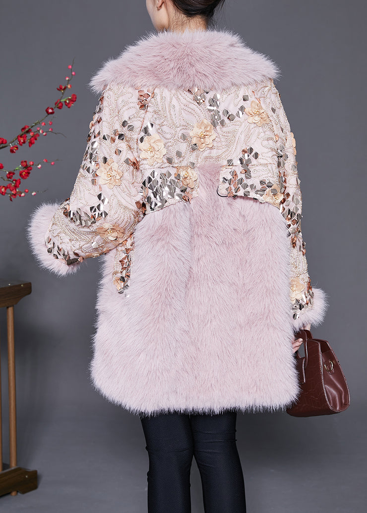 Pink Patchwork Faux Fur Coats Oversized Nail Bead Winter