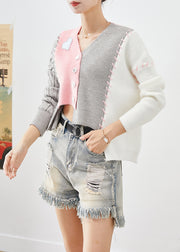 Pink Patchwork Knit Cardigans Asymmetrical Slim Fit Fall