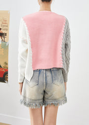 Pink Patchwork Knit Cardigans Asymmetrical Slim Fit Fall