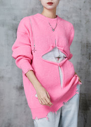 Pink Patchwork Knit Short Sweater Cold Shoulder Zippered Winter