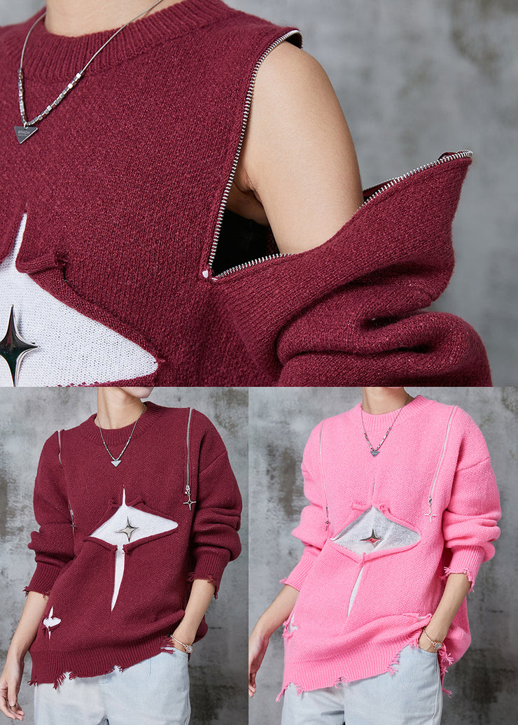 Pink Patchwork Knit Short Sweater Cold Shoulder Zippered Winter