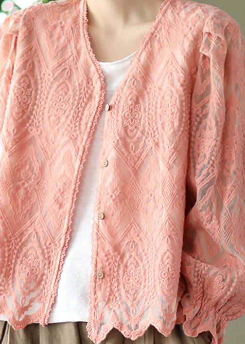Pink Patchwork Lace Cardigans V Neck Flare Sleeve