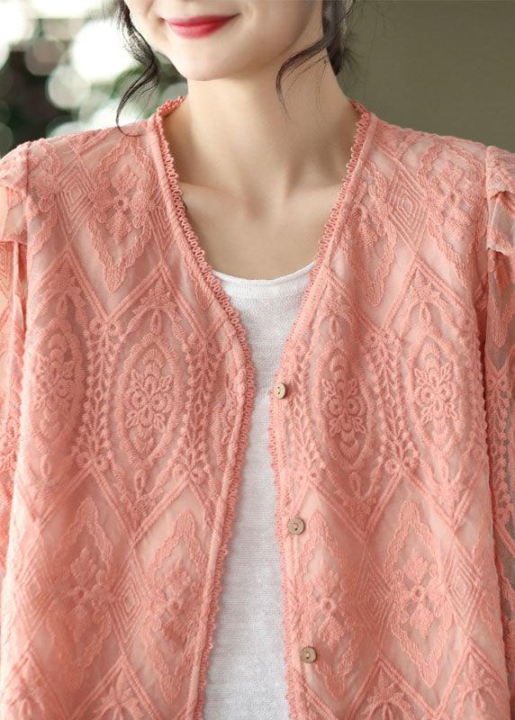 Pink Patchwork Lace Cardigans V Neck Flare Sleeve