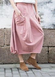 Pink Patchwork Linen A Line Skirt Pockets Solid Color Fall