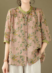 Pink Patchwork Linen Blouse Tops Stand Collar Button Summer