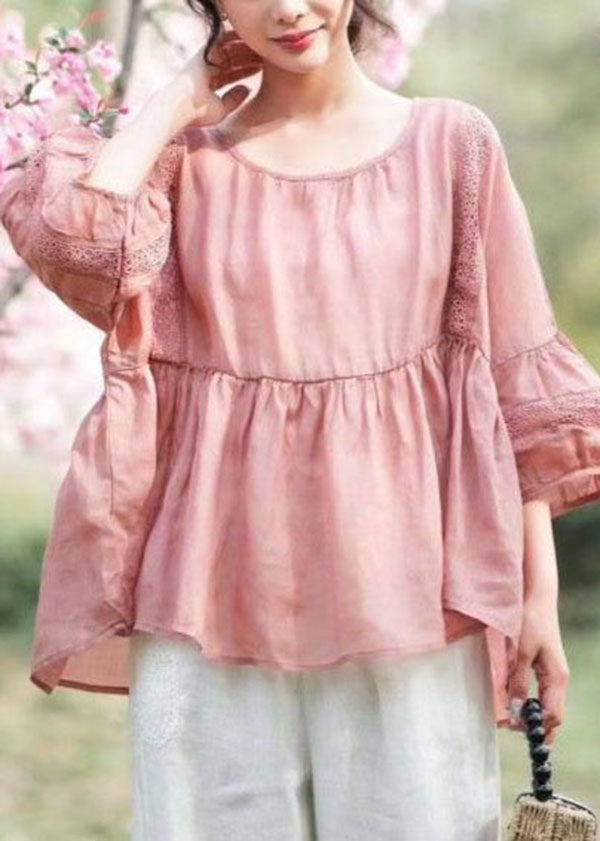Pink Patchwork Linen Top Embroidered Hollow Out O Neck Summer