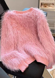 Pink Patchwork Mink Hair Knitted Cardigan V Neck Tasseled Fall