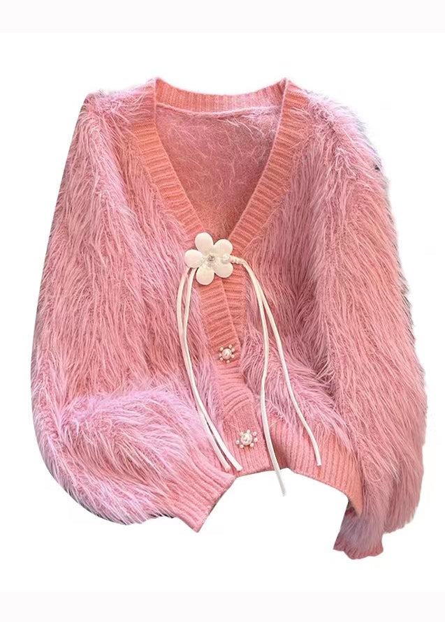 Pink Patchwork Mink Hair Knitted Cardigan V Neck Tasseled Fall