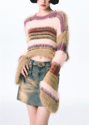 Pink Patchwork Mink Hair Knitted Top O Neck Long Sleeve