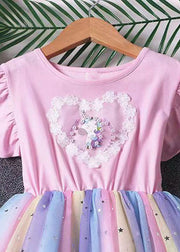 Pink Patchwork Tulle Baby Girls Dress Pony Sequins Wrinkled Summer