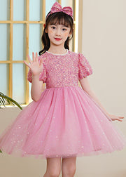 Pink Patchwork Tulle Kids Girls Maxi Dresses Sequins Exra Large Hem Puff Sleeve