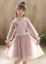 Pink Patchwork Tulle Kids Girls Princess Dress Ruffled Nail Bead Fall
