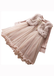 Pink Patchwork Tulle Kids Girls Princess Dress Ruffled Nail Bead Fall