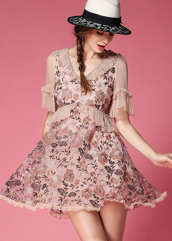 Pink Patchwork Tulle Mini Dress V Neck Ruffled Embroidered Short Sleeve