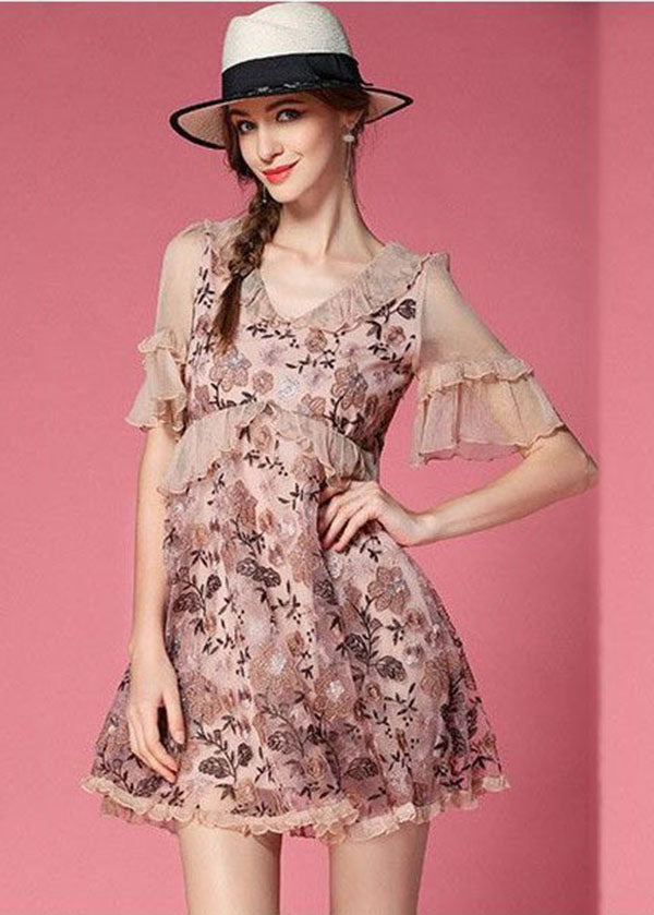 Pink Patchwork Tulle Mini Dress V Neck Ruffled Embroidered Short Sleeve