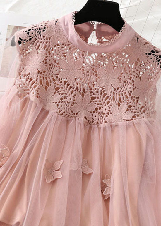 Pink Patchwork Tulle Two Pieces Set Embroidered Floral Spring