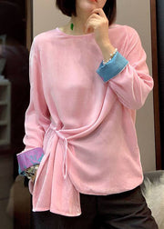 Pink Patchwork Velour Top asymmetrical design long sleeve