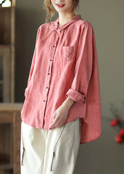 Pink Peter Pan Collar Button Linen Shirts Long Sleeve