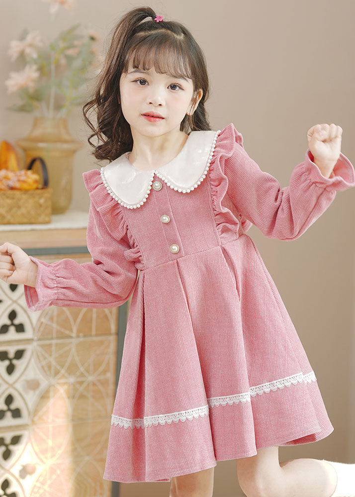 Pink Peter Pan Collar Ruffled Lace Patchwork Button Warm Fleece Kids Mid Dresses Long Sleeve