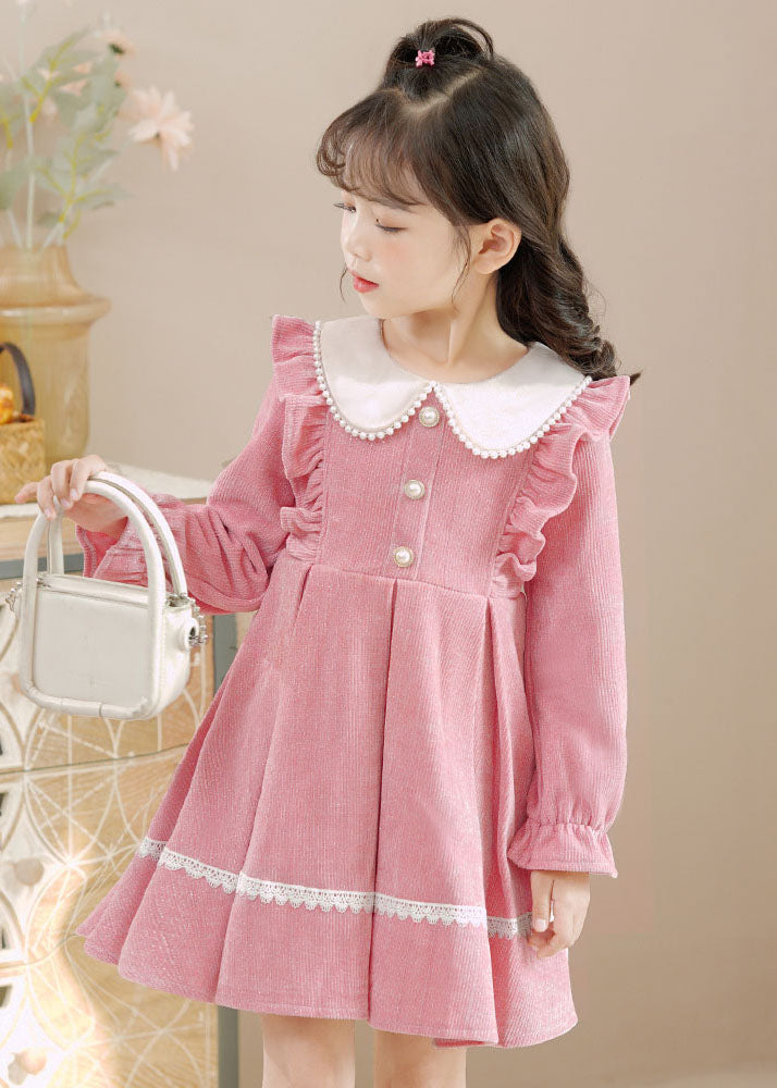 Pink Peter Pan Collar Ruffled Lace Patchwork Button Warm Fleece Kids Mid Dresses Long Sleeve
