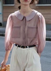 Pink Pockets Patchwork Chiffon Shirt Peter Pan Collar Spring