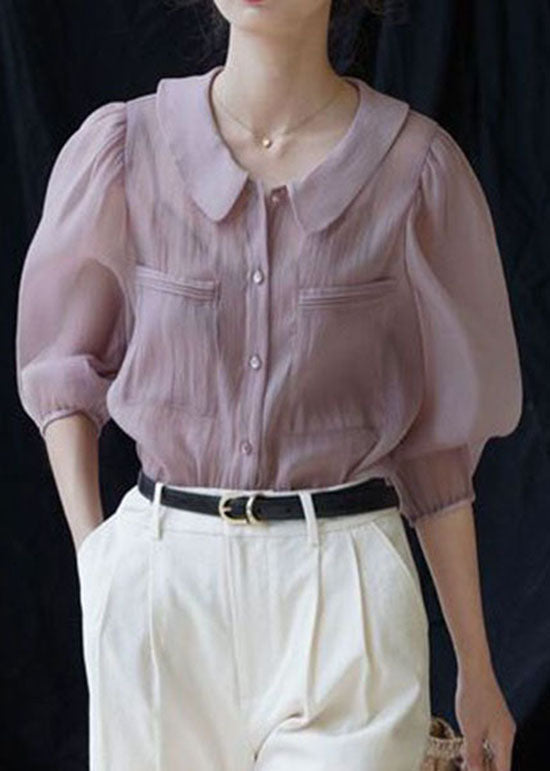 Pink Pockets Patchwork Chiffon Shirt Peter Pan Collar Spring