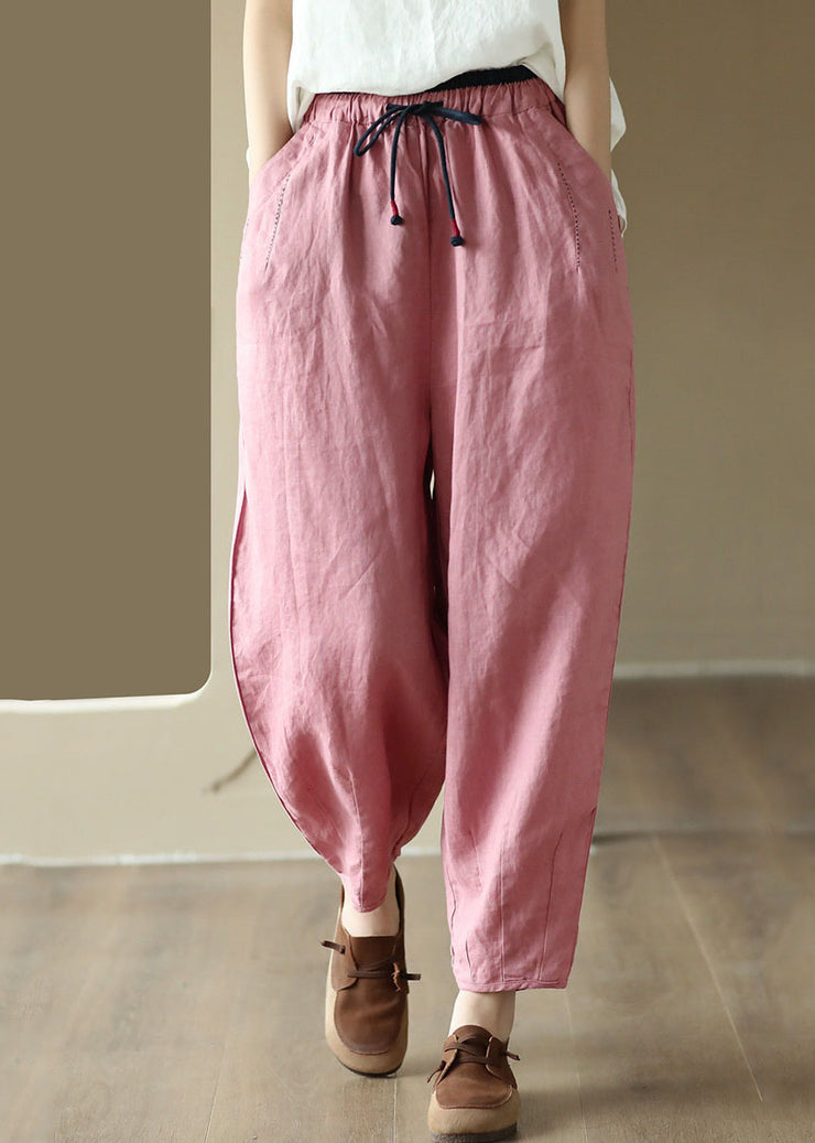 Pink Pockets Patchwork Drawstring Linen Harem Pants Summer