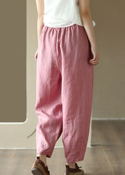 Pink Pockets Patchwork Drawstring Linen Harem Pants Summer