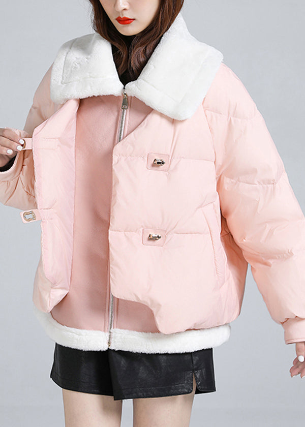 Pink Pockets Patchwork Fine Cotton Filled Puffer Jacket Square Collar Winter