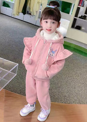 Pink Pockets Patchwork Warm Fleece Girls Two Pieces Set Hooded Long Sleeve