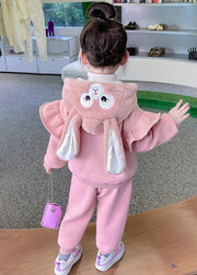 Pink Pockets Patchwork Warm Fleece Girls Two Pieces Set Ruffled Long Sleeve