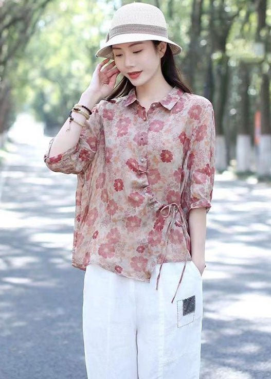 Pink Print Button Linen Shirts Tops Peter Pan Collar Lace Up Summer