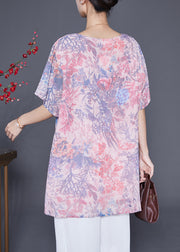 Pink Print Chiffon Blouse Top Oversized Draping Summer