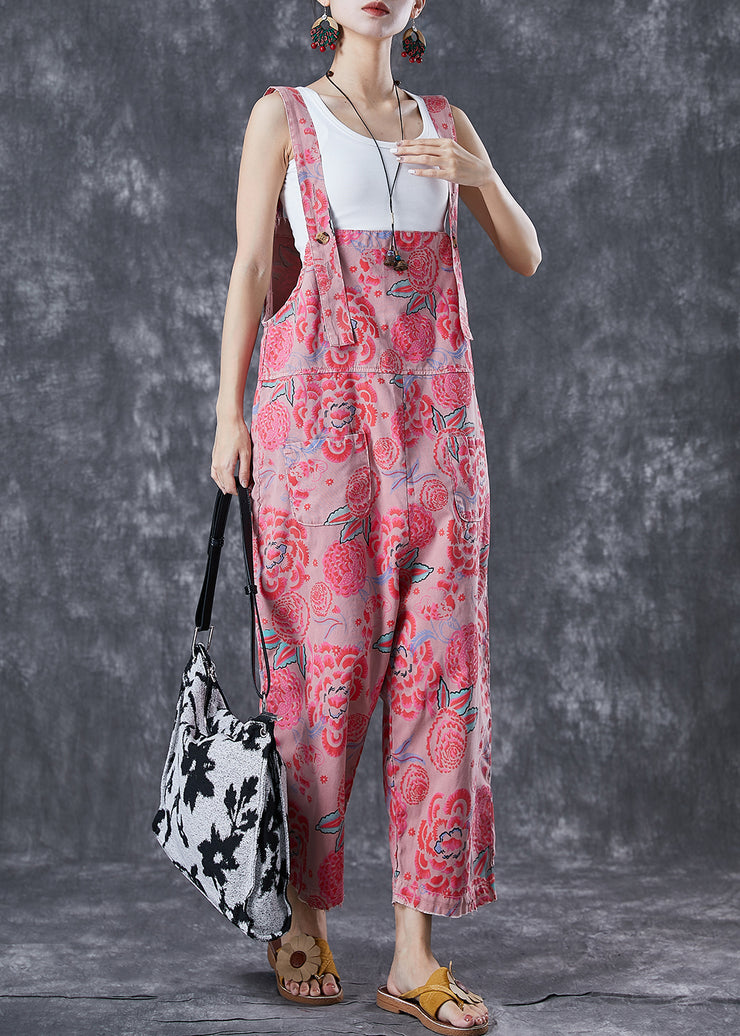 Pink Print Denim Jumpsuit Oversized Pockets Summer