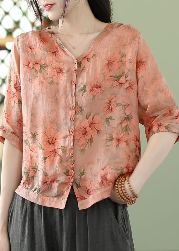 Pink Print Linen Shirt Tops V Neck Oversized Summer