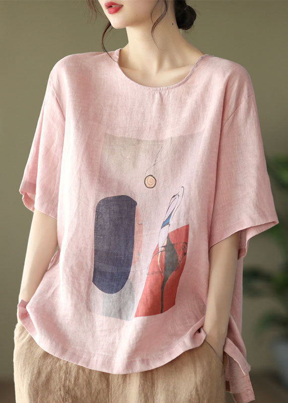 Pink Print Loose Linen Tank Tops O-Neck Short Sleeve