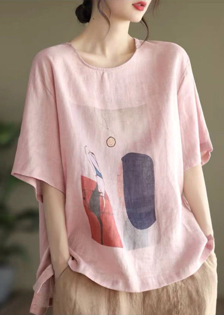 Pink Print Loose Linen Tank Tops O-Neck Short Sleeve