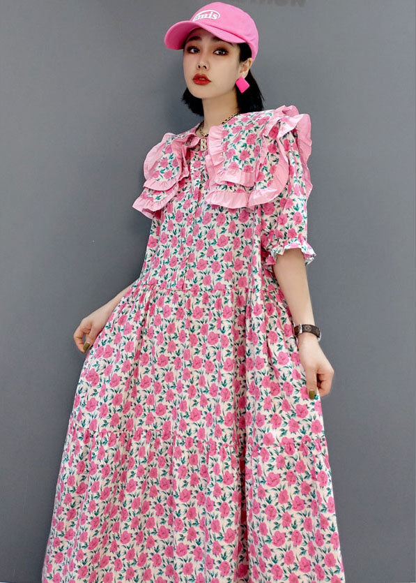 Pink Print Patchwork Cotton Maxi Dresses Half Sleeve