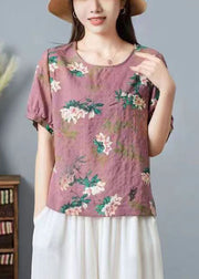 Pink Print Patchwork Cotton T Shirt Top O Neck Wrinkled Summer