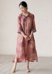 Pink Print Patchwork Linen Dresses Ruffled Side Open Summer
