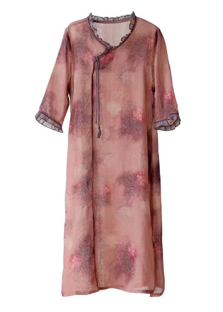 Pink Print Patchwork Linen Dresses Ruffled Side Open Summer