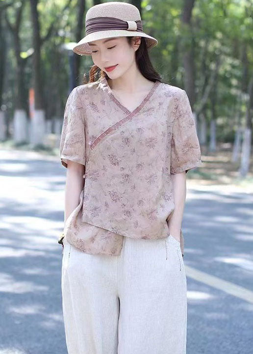 Pink Print Patchwork Linen Shirt Top V Neck Lace Up Summer
